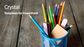  Presentation with sticky notes - Presentation enhanced with colorful pencils in metal holder background and a gray colored foreground