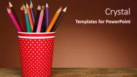  Presentation with color pencils - Slide deck consisting of colorful pencils in red plastic cup on wooden table and shaded color background background and a tawny brown colored foreground