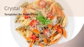  Presentation with penne pasta - Presentation theme enhanced with colorful-penne-pasta-with-tomatoes background and a coral colored foreground