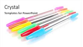  Presentation with colorful - Slide deck consisting of colorful pens isolated on white background and a white colored foreground