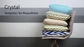  Presentation with grey - Theme having colorful pillows on chair on striped grey wall background background and a light gray colored foreground