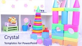  Presentation with school children - Presentation with colorful plastic toys in children background and a sky blue colored foreground