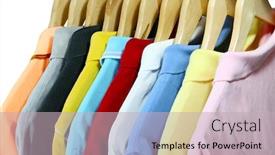  Presentation with polo - Colorful slide set enhanced with colorful polo shirts for men on hanger isolated over white backdrop and a soft green colored foreground