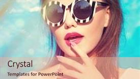 Presentation with nail art - Theme consisting of colorful portrait of young attractive woman wearing sunglasses summer beauty and nail art concept background and a coral colored foreground