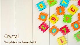  Presentation with knowledge - Theme with colorful puzzle mat on wooden background and a cream colored foreground