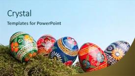 Presentation with moss - Presentation featuring colorful russian easter eggs lying in green moss background and a sky blue colored foreground