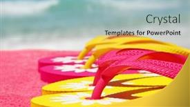  Presentation with next - Colorful PPT theme enhanced with colorful-sandals-on-beach-towel backdrop and a light blue colored foreground