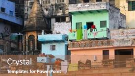  Presentation with scene - Beautiful presentation design featuring colorful-scene-with-facades backdrop and a coral colored foreground