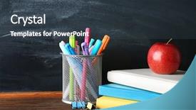  Presentation with blackboard in an abandoned school - Theme featuring colorful school stationery on table background and a tawny brown colored foreground