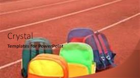  Presentation with playground - Slide deck enhanced with colorful-schoolbags-in-the-school background and a coral colored foreground