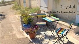  Presentation with village - Cool new PPT theme with colorful-seats-in-little-mountain backdrop and a coral colored foreground