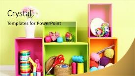  Presentation with utensils - PPT theme featuring colorful shelves of different colors with utensils on wall background background and a blonde colored foreground