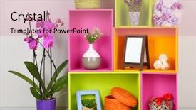  Presentation with related - Amazing presentation theme having colorful shelves with different home backdrop and a coral colored foreground