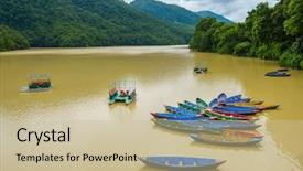  Presentation with boats - PPT theme featuring colorful small boats on phewa lake in pokhara nepal background and a soft green colored foreground