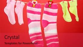  Presentation with socks - Slides enhanced with colorful socks hanging on clothesline on color background background and a red colored foreground