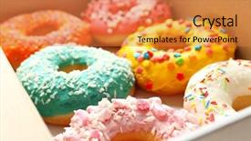  Presentation with donuts - Presentation theme featuring colorful sprinkle background - delicious donuts in box closeup background and a coral colored foreground