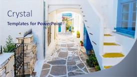  Presentation with windows - PPT layouts having colorful stairs in narrow street with white houses and blue colored windows old rustic greek house exterior lefkes paros island background and a sky blue colored foreground