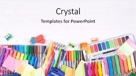  Presentation with donation - Cool new PPT layouts with colorful stationery supplies donations top backdrop and a sky blue colored foreground