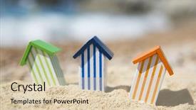  Presentation with teal beach wood - Beautiful PPT theme featuring colorful striped wooden beach cabins backdrop and a lemonade colored foreground