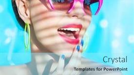  Presentation with palm tree - Cool new slides with colorful summer portrait of young attractive woman wearing sunglasses under a palm tree by the swimming pool backdrop and a arctic colored foreground