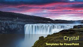  Presentation with waterfall - PPT theme with colorful-sunrise-on-dettifoss background and a tawny brown colored foreground