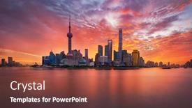  Presentation with china shanghai - PPT theme having colorful-sunrise-over-lujiazui-skyline background and a tawny brown colored foreground