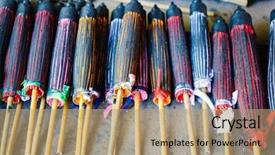  Presentation with factory protest - Presentation design consisting of colorful sunshades - traditional parasols handmade in factory background and a coral colored foreground