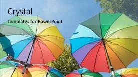  Presentation with curious sky - Slide set with colorful sunshades - umbrellas hanging over sky background and a light blue colored foreground