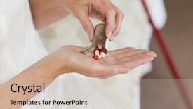  Presentation with capsules pills pill doctor prescription - Beautiful presentation theme featuring colorful swallows - sick senior woman taking her backdrop and a soft green colored foreground