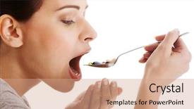  Presentation with pills - Beautiful theme featuring colorful swallows - young casual woman eating pills backdrop and a coral colored foreground