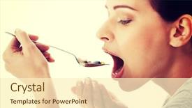  Presentation with capsules pills pill doctor prescription - Beautiful slide deck featuring colorful swallows - young casual woman eating pills backdrop and a cream colored foreground