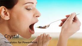  Presentation with pills - PPT theme with colorful swallows - young casual woman eating pills background and a coral colored foreground