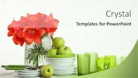  Presentation with flowers vase - Beautiful presentation theme featuring colorful table settings and tulip flowers in vase on table on light background backdrop and a cool aqua colored foreground