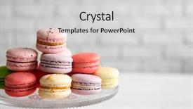  Presentation with stand - Beautiful slide set featuring colorful tasty macaroons in glass stand on blurred brick wall background backdrop and a light gray colored foreground