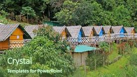 Presentation with mai - Slide deck featuring colorful thai styled wooden hut with thatched roof surrounded by forest in mon jam chiang mai thailand background and a tawny brown colored foreground