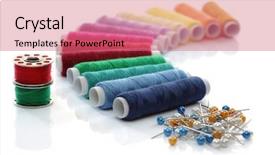  Presentation with thread - Presentation theme having colorful-thread-reels-bobbins background and a coral colored foreground