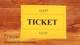  Presentation with ticket - Slide deck enhanced with colorful ticket on wooden background close-up background and a gold colored foreground