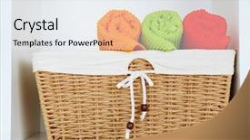  Presentation with wicker - Amazing theme having colorful towels with wicker basket on shelf of rack background backdrop and a sky blue colored foreground