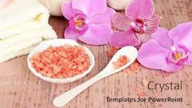  Presentation with tropical flowers - Cool new slides with colorful tropical orchid flowers and spa set on color wooden background backdrop and a coral colored foreground