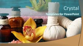  Presentation with tropical flowers - Colorful presentation design enhanced with colorful tropical orchid flowers and spa set on color wooden background backdrop and a ocean colored foreground