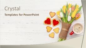  Presentation with heart flowers - Audience pleasing PPT theme consisting of colorful-tulip-flowers-bouquet-heart backdrop and a sky blue colored foreground