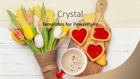  Presentation with heart flowers - Amazing PPT theme having colorful-tulip-flowers-bouquet-heart backdrop and a yellow colored foreground