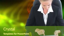  Presentation with composite - Presentation consisting of colorful twirl rays - composite image of businesswoman sitting background and a tawny brown colored foreground