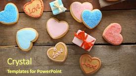  Presentation with valentine - Colorful theme enhanced with colorful valentine heart cookies with present boxes on wooden table top view backdrop and a tawny brown colored foreground