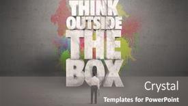  Presentation with quote - Audience pleasing presentation theme consisting of colorful wall with illustrated quote saying think outside the box for a small businessman standing in grey urban space concept backdrop and a gray colored foreground