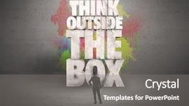  Presentation with quote - Beautiful presentation theme featuring colorful wall with illustrated quote saying think outside the box for a small businessman standing in grey urban space concept backdrop and a gray colored foreground