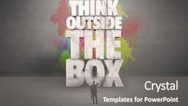  Presentation with quote - Cool new theme with colorful wall with illustrated quote saying think outside the box for a small businessman standing in grey urban space concept backdrop and a gray colored foreground