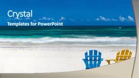  Presentation with teal beach wood - Slide set consisting of colorful wooden chairs on beach background and a ocean colored foreground