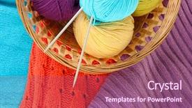  Presentation with wool - Presentation theme with colorful wool sweaters and balls of wool close-up background and a violet colored foreground