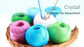  Presentation with yarn - Presentation design with colorful yarn balls for knitting on wicker mat isolated on white background and a cool aqua colored foreground